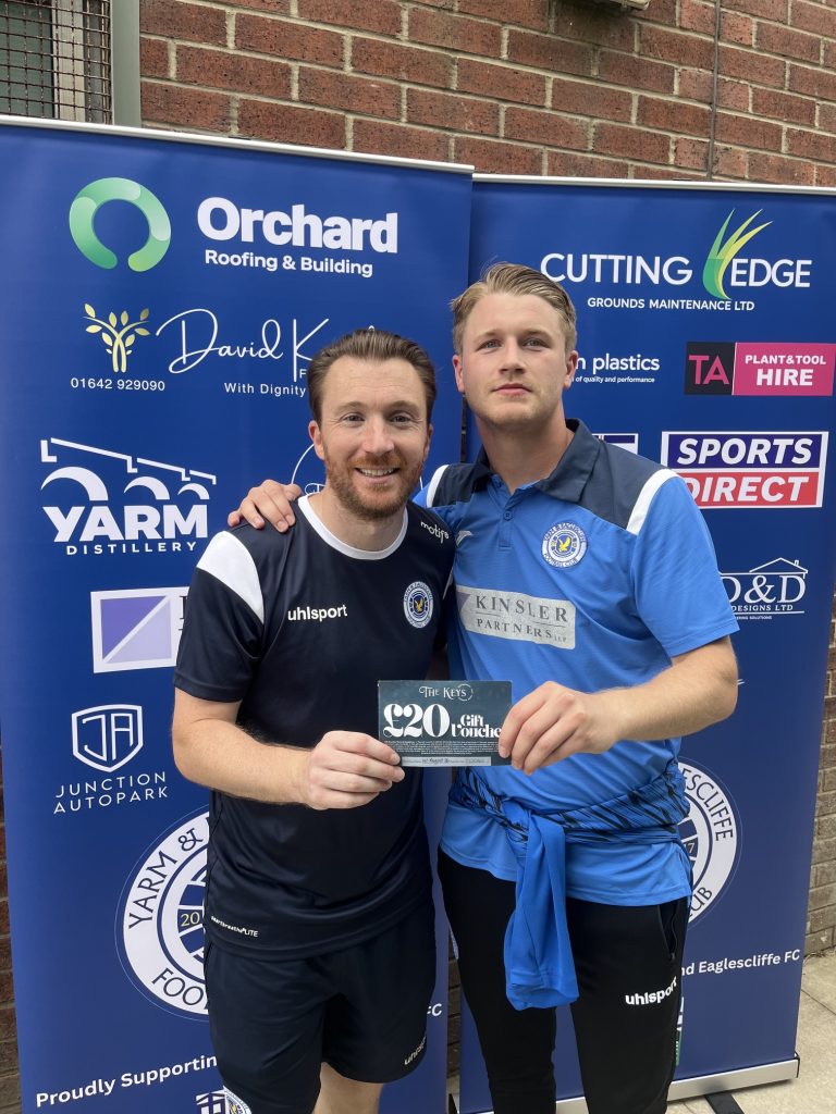 Man of the Match Joe Dalton - sponsored by Renner Kompressor receiving his man of the match award - a £20 voucher for the Keys in Yarm